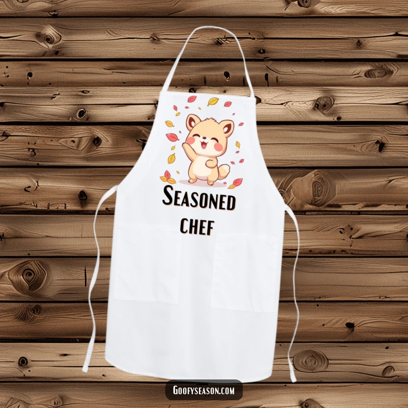 Funny kawaii animal character wearing an apron, playfully tossing colorful leaves, adding seasonal humor to cooking.