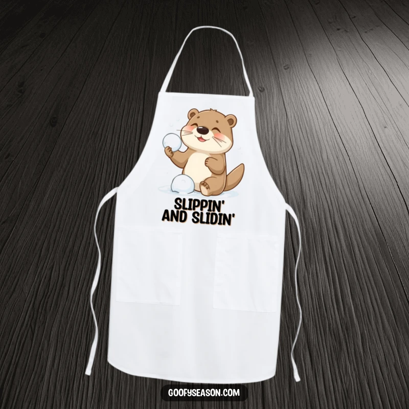 Funny apron showing a lively otter character in a snowball fight, ready to add some playful humor to cooking and baking.