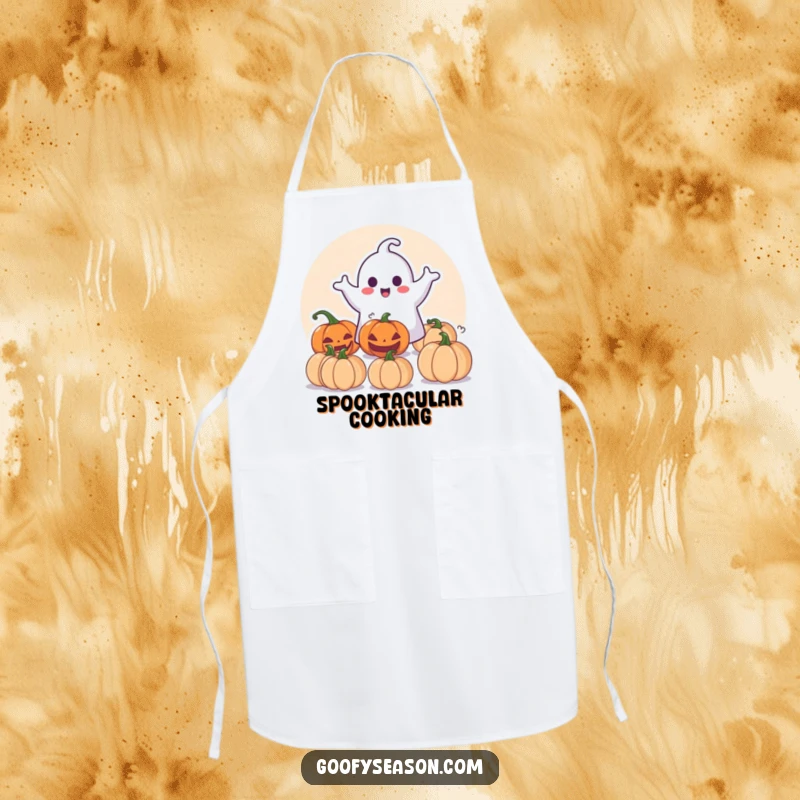 Funny Apron: Happy ghost character playfully surprising pumpkins, perfect for Halloween baking and cooking.