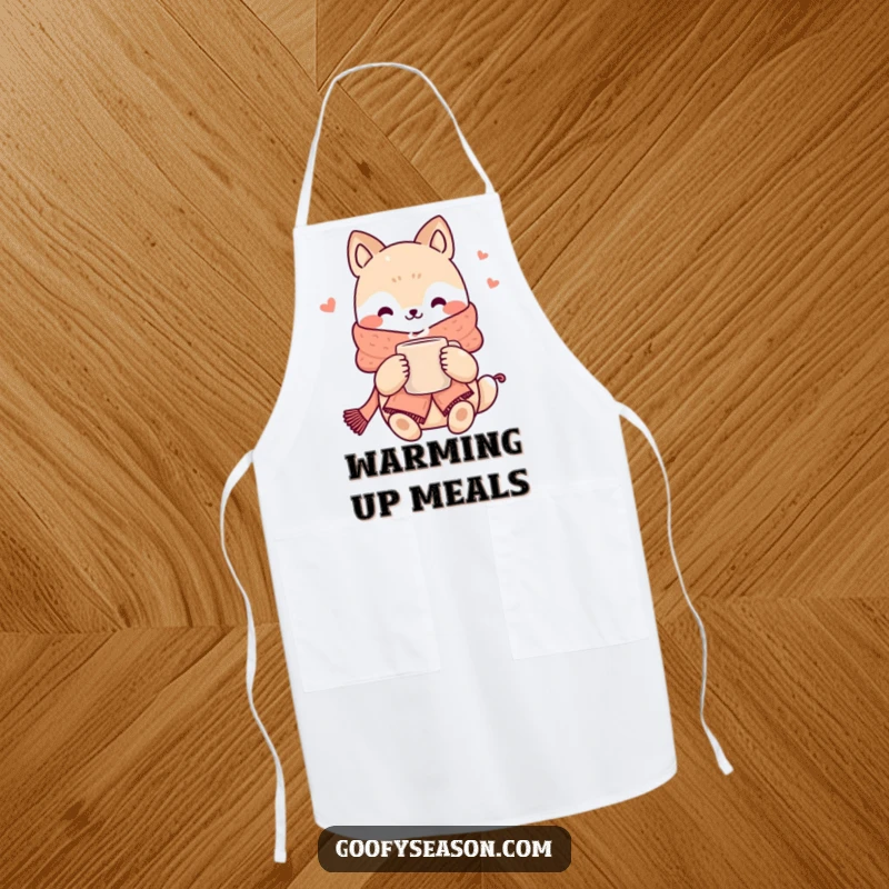 Funny kawaii animal character wearing an apron, scarf, and holding a steaming mug, adding cozy humor to cooking.