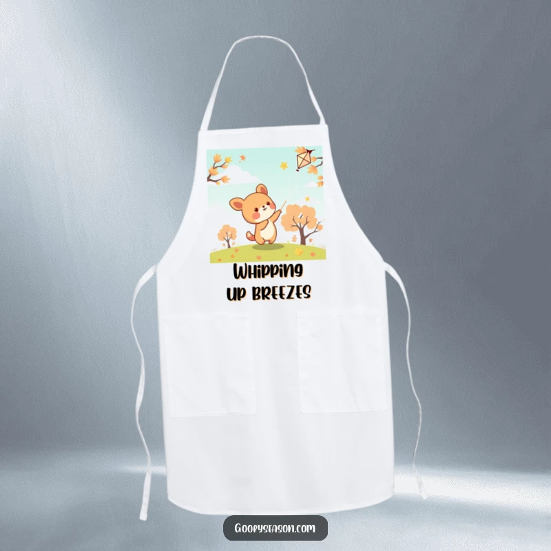 Funny kawaii animal character flying a kite on an autumn day, ready for kitchen fun in this apron.