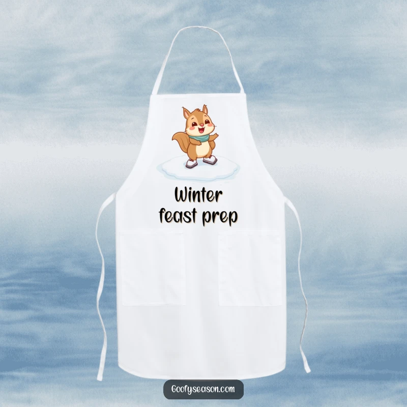 Funny Squirrel Apron: A happy squirrel character gleefully ice skating on a frozen puddle, ready for winter kitchen tasks.