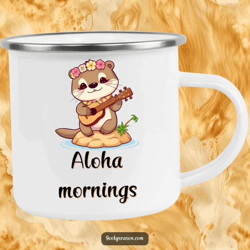 Funny otter camping mug showing a cute otter with a lei playing a ukulele on a tiny island. Perfect for tropical camping.