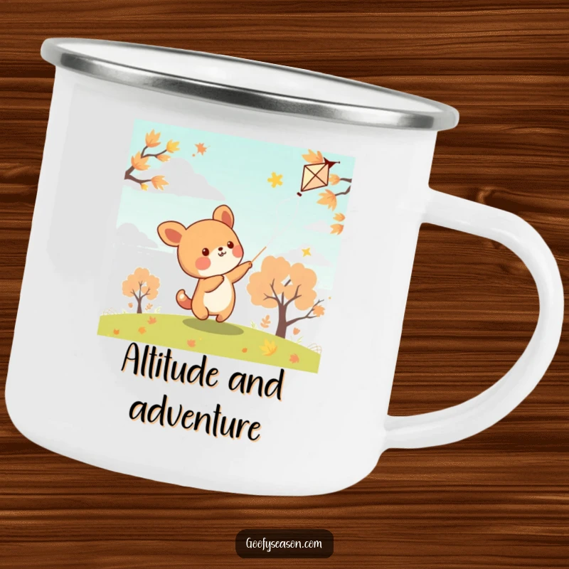 Funny kawaii animal character flying a kite on a breezy autumn day, ready for outdoor fun on this camping mug.