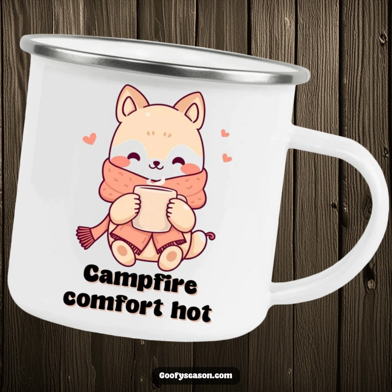 Funny kawaii animal character in a scarf holding a steaming mug, durable camping mug design for warmth.