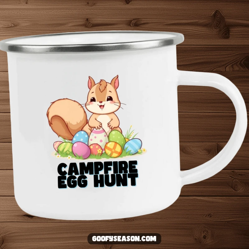 Funny Kawaii squirrel excitedly hiding colorful Easter eggs, designed for outdoor enjoyment on a durable camping mug.
