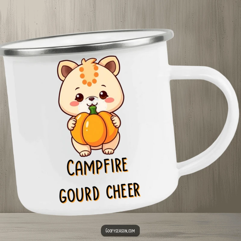 Funny kawaii animal character with a happy grin holding a pumpkin, designed for outdoor fun on this camping mug.