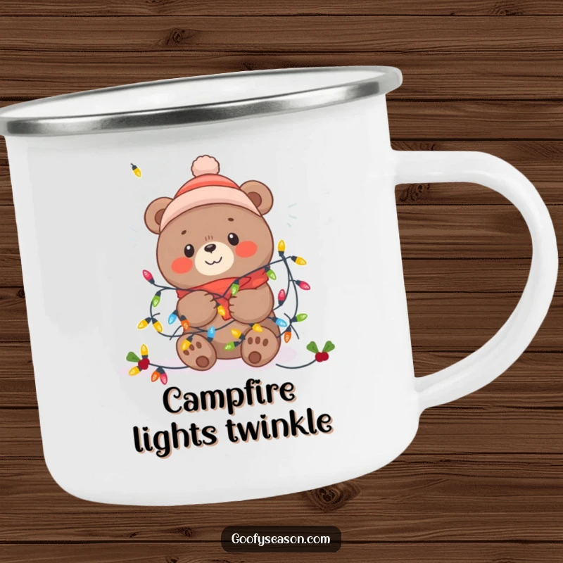 Funny Kawaii bear stuck in cheerful festive winter lights, ready for outdoor enjoyment on a durable camping mug.