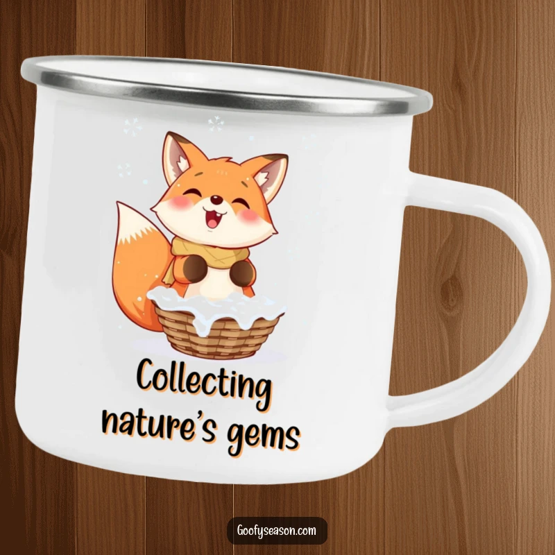 Funny Fox Camping Mug: A smiling fox enthusiastically catching falling snowflakes in a basket, perfect for cozy outdoor trips.