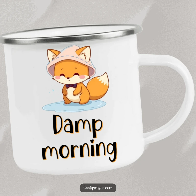 Funny mischievous fox character wearing a rain hat, playing in puddles on a durable camping mug, perfect for enjoying beverages outdoors.