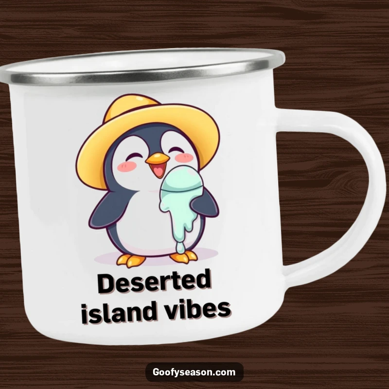 Funny Camping Mug: A happy penguin wearing a sun hat holds a melting ice cream cone.