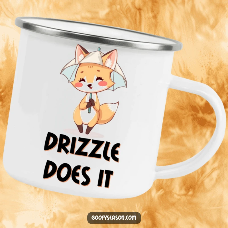 Funny Camping Mug: A smiling fox dances in the rain under a tiny umbrella, ready for adventure.