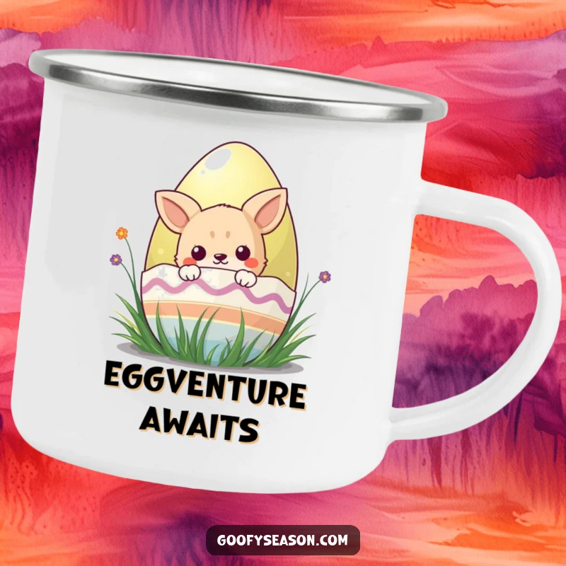Funny kawaii animal character peeking from behind a colorful Easter egg, ready for outdoor fun on this camping mug.