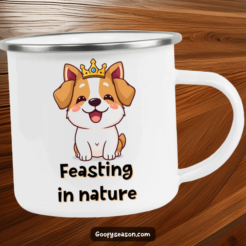 Funny dog wearing a crown and celebrating a royal feast on a camping mug, adding humor to adventures.