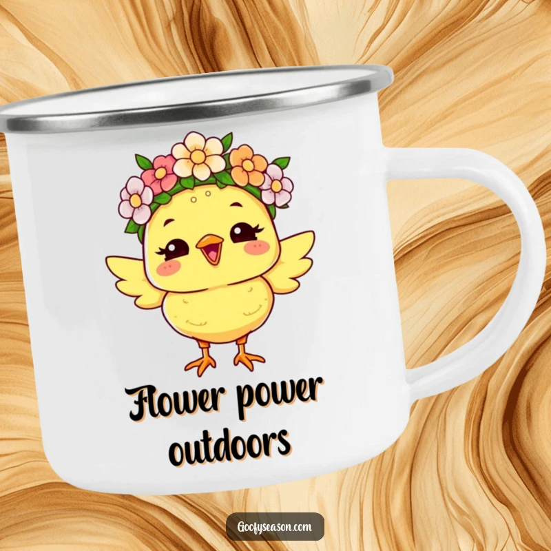 Funny camping mug featuring a joyous chick character in a flower crown, perfect for humorous outdoor sipping and spring vibes.