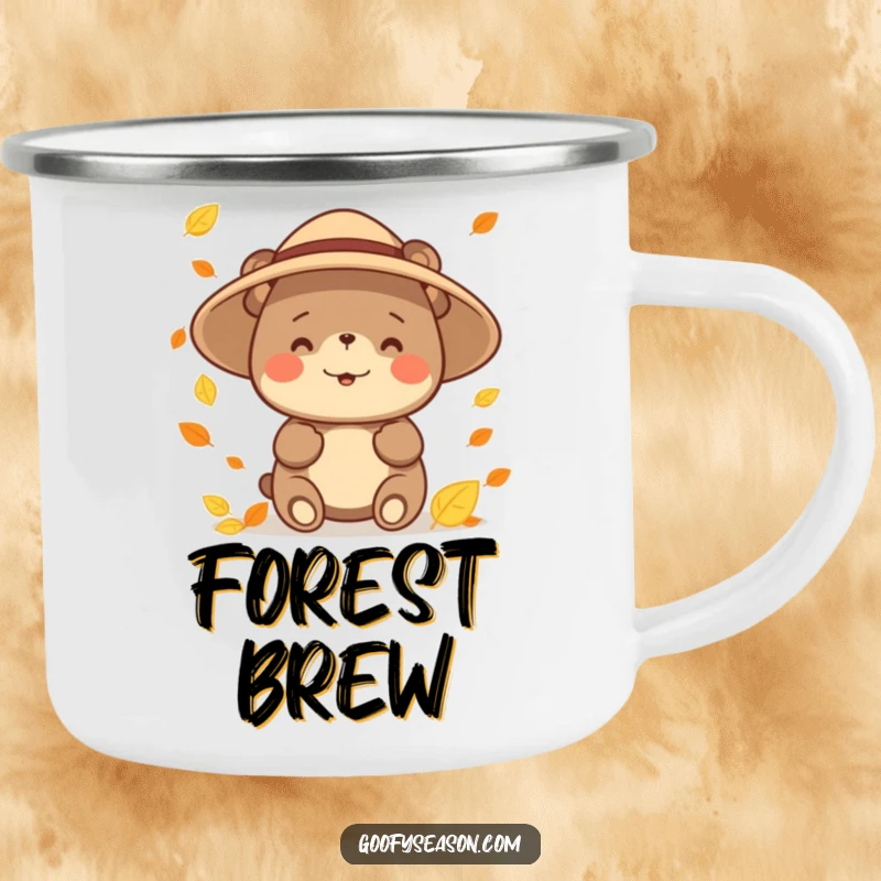 Funny happy bear character wearing a sun hat, catching falling leaves on a durable camping mug, perfect for enjoying beverages outdoors.