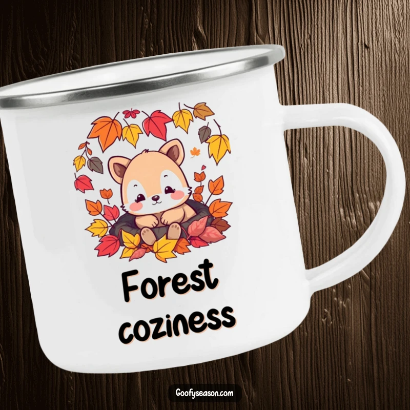 Funny camping mug illustrating a content animal character surrounded by colorful falling autumn leaves, perfect for outdoor use.