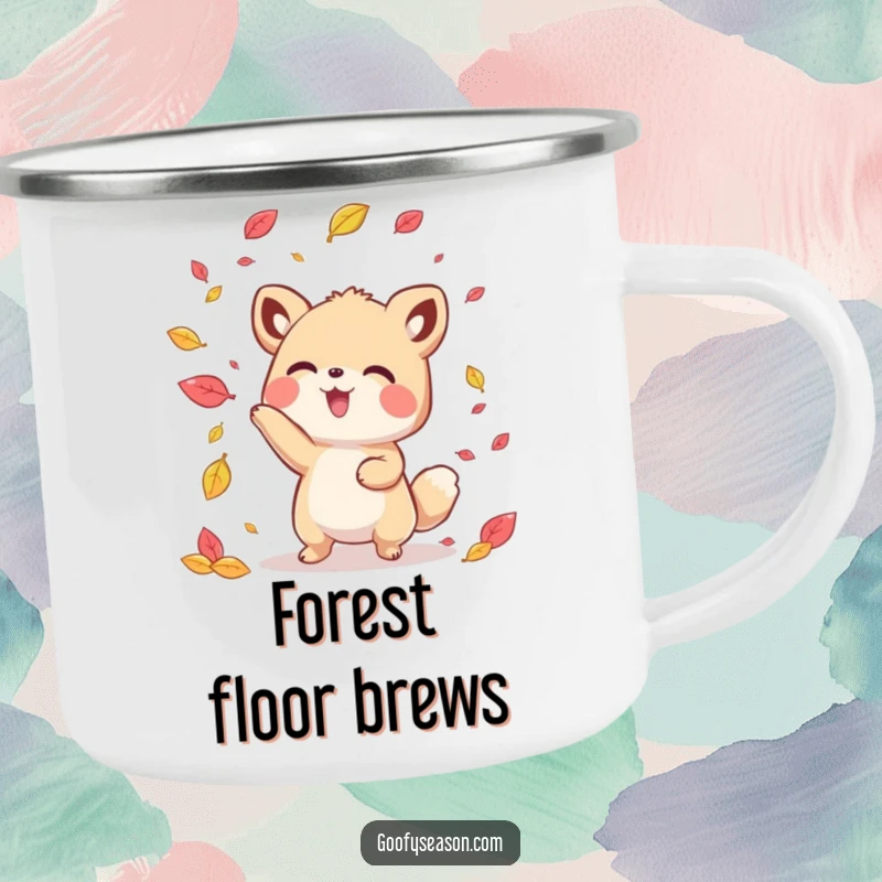 Funny kawaii animal character tossing autumn leaves, designed for durability on a camping mug.
