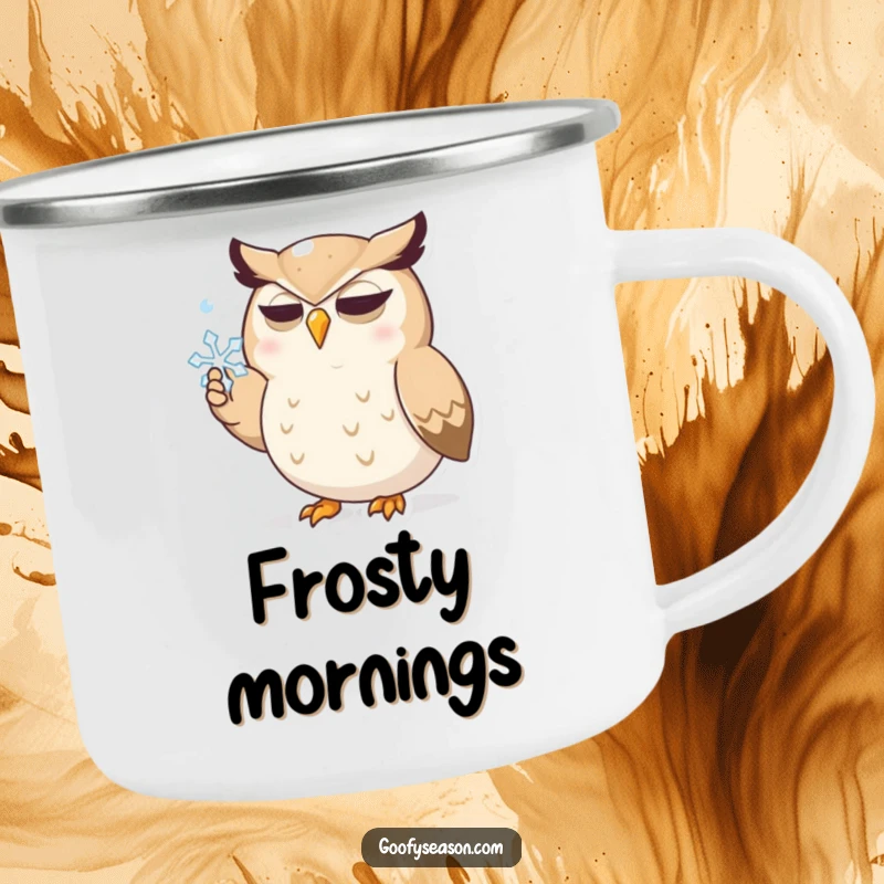 Funny enamel camping mug with a determined owl character aiming to catch a snowflake, designed for outdoor enthusiasts and humor lovers.