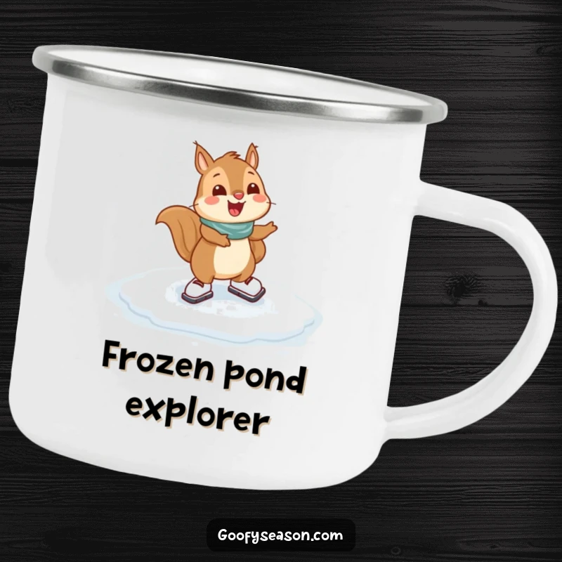 Funny Squirrel Camping Mug: A happy squirrel character gleefully ice skating on a frozen puddle, perfect for cozy outdoor trips.