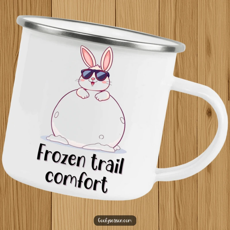 Funny Bunny Camping Mug: A cheerful bunny wearing sunglasses, lounging on a giant snowball, perfect for cool outdoor trips.