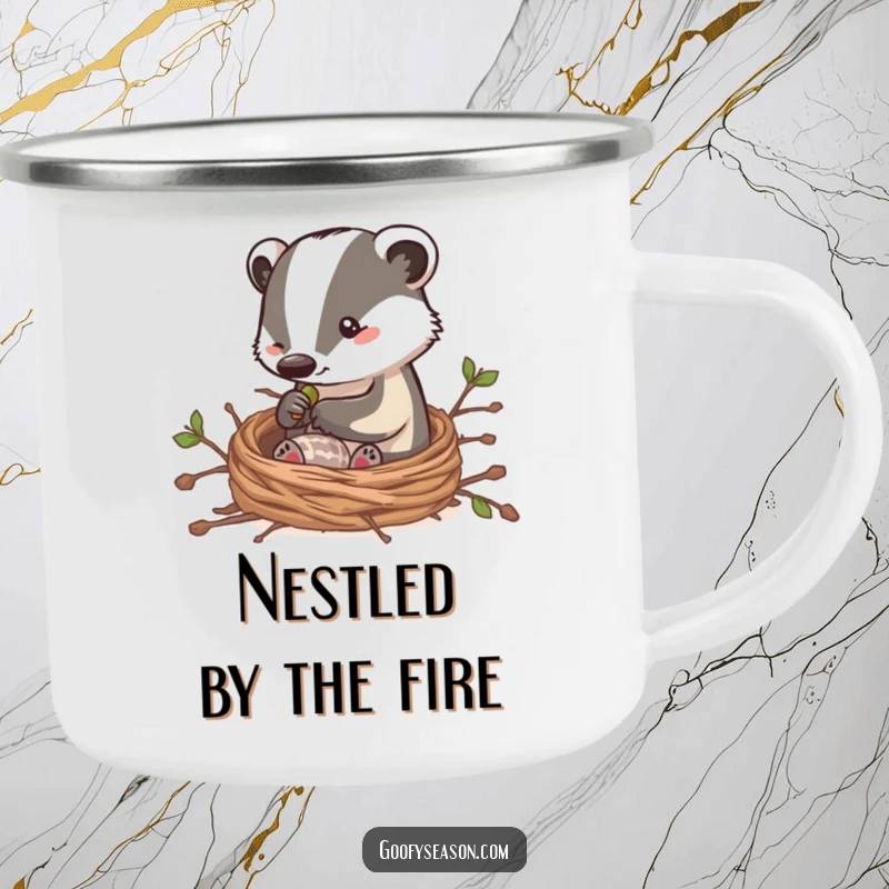Funny camping mug featuring a clever badger character building a cozy nest with twigs, perfect for humorous outdoor sipping.