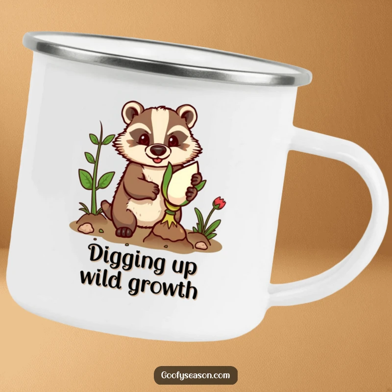 Funny enamel camping mug with a determined badger in gardening gloves, planting a giant bulb in a rustic setting.