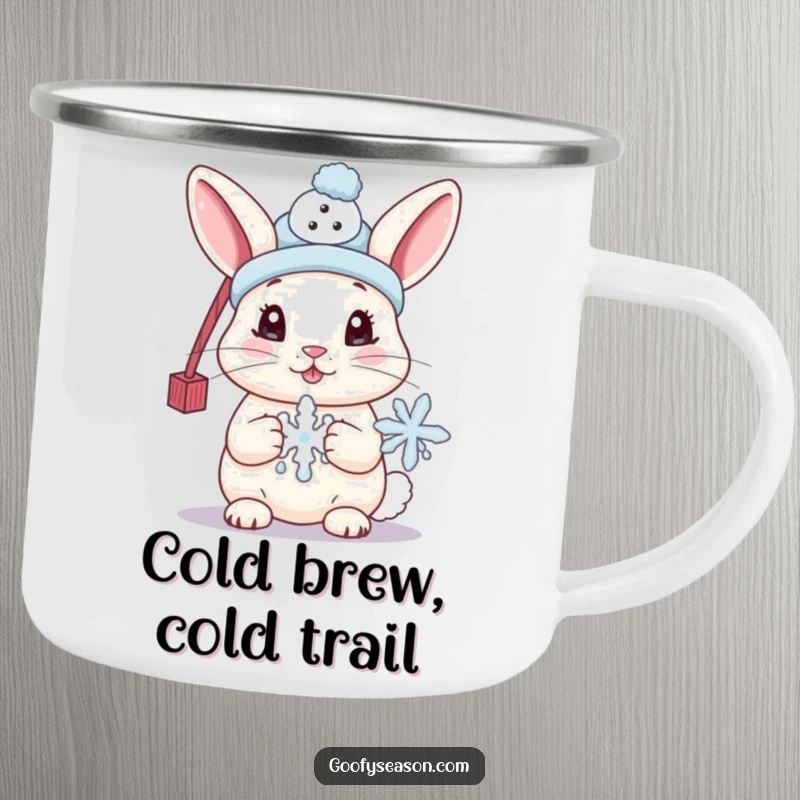 Funny camping mug featuring a cute bunny wearing a tiny snowman hat and holding a melting snowflake, ideal for cozy winter drinks.