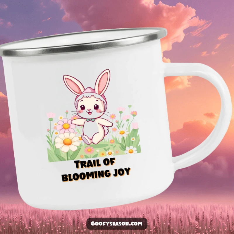 Funny bunny camping mug with a cheerful rabbit in a spring bonnet, hopping through a field of giant spring flowers.