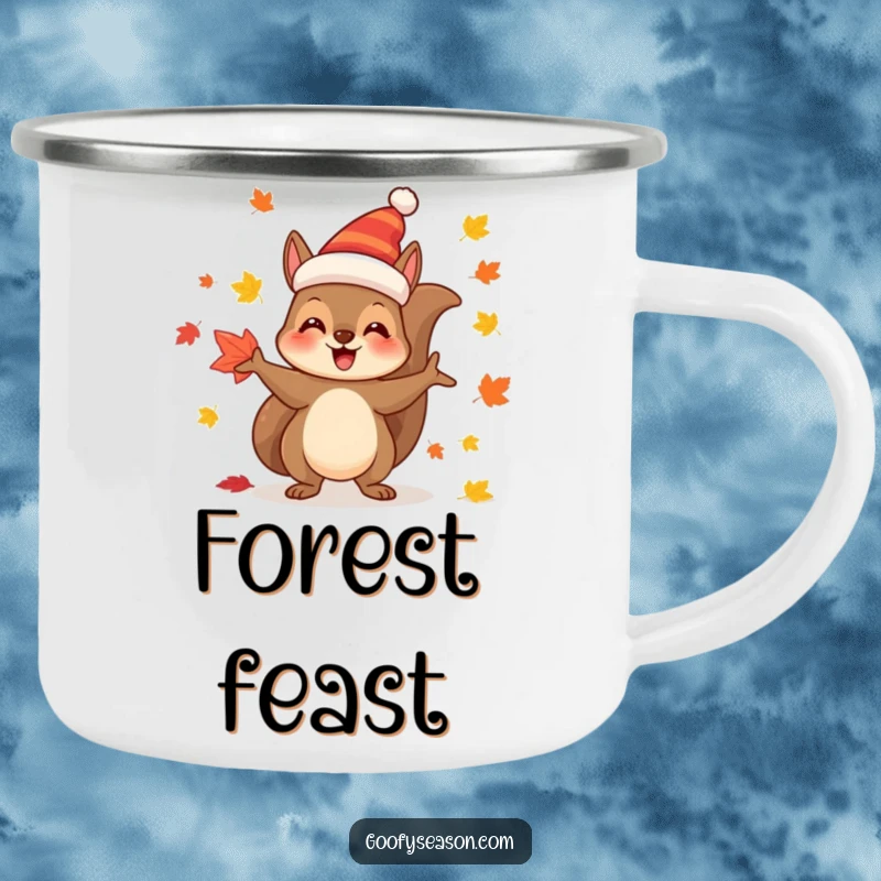 Funny Camping Mug: Joyful squirrel in a festive hat, juggling colorful autumn leaves, perfect for outdoor fun.