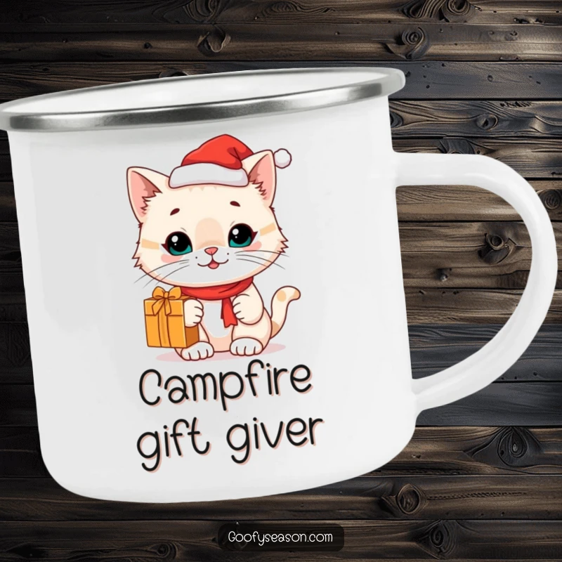 Funny cat in a Santa hat with a gift on a camping mug, perfect for festive outdoor moments, funny gift.