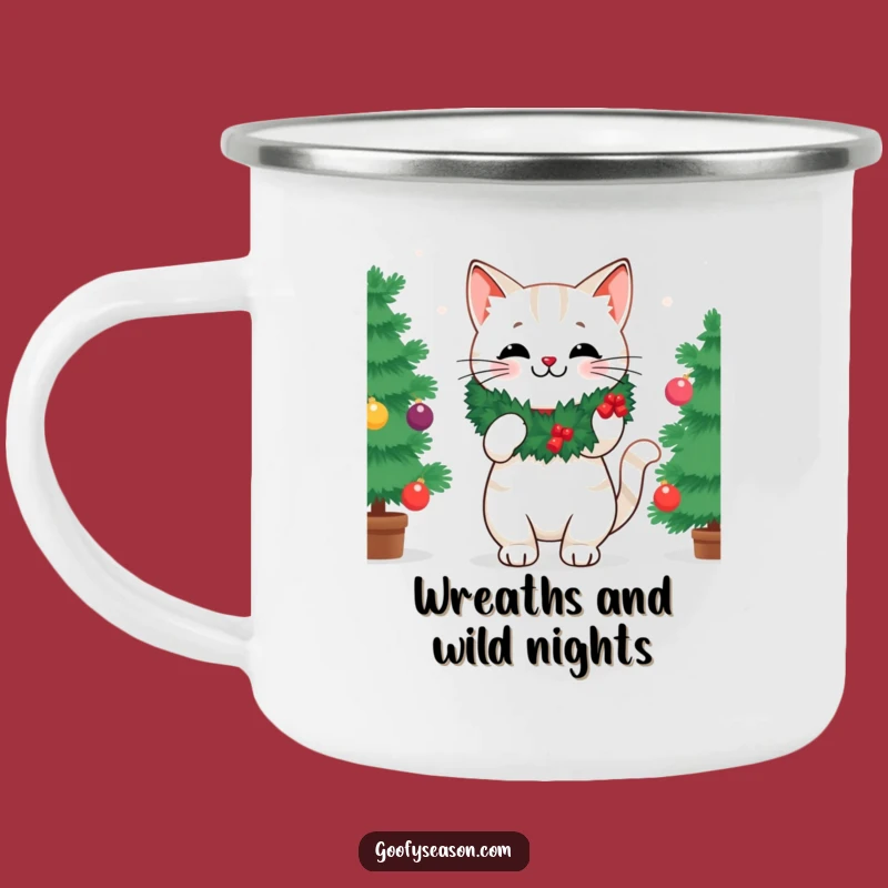 Funny Festive Cat Enamel Mug - Rustic Holiday Humor Gift