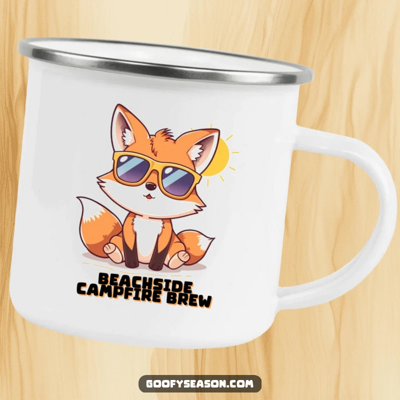 Funny fox wearing oversized sunglasses, enjoying a sunny beach day on a camping mug, ideal for cool outdoor drinks.