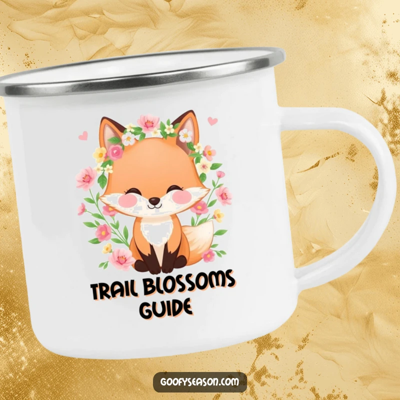 Funny camping mug featuring a happy fox wearing a spring wreath, surrounded by blooming flowers, ideal for enjoying spring beverages outdoors.