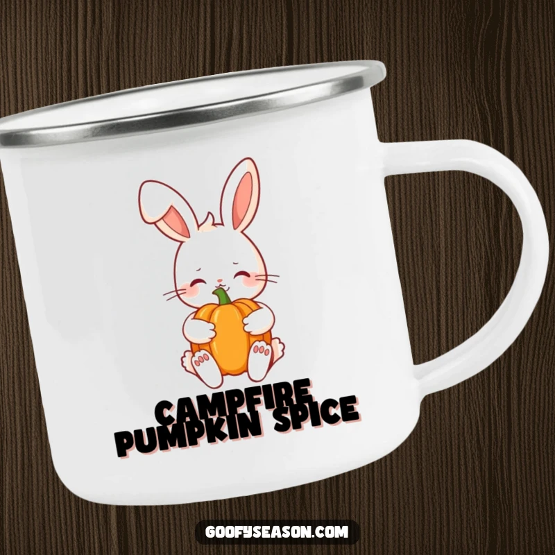 Funny Kawaii bunny with a shy smile holding a pumpkin, designed for outdoor enjoyment on a sturdy camping mug.