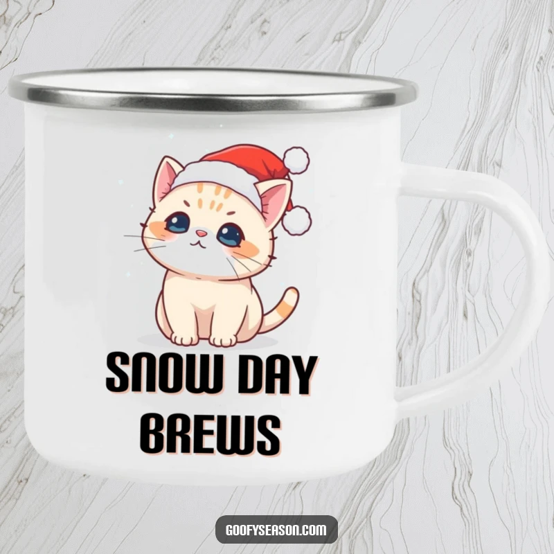 Funny camping mug with a cute Kawaii cat in a Santa hat catching snowflakes, durable for winter fun.