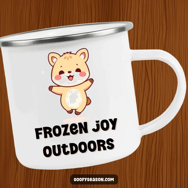 Funny kawaii animal character joyfully dancing in falling snowflakes, printed on a sturdy camping mug for outdoor enjoyment.