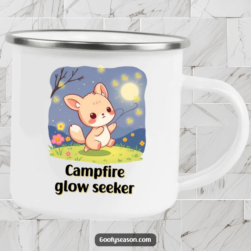 Funny kawaii animal character playfully chasing luminous fireflies on a warm summer night, printed on a sturdy camping mug.