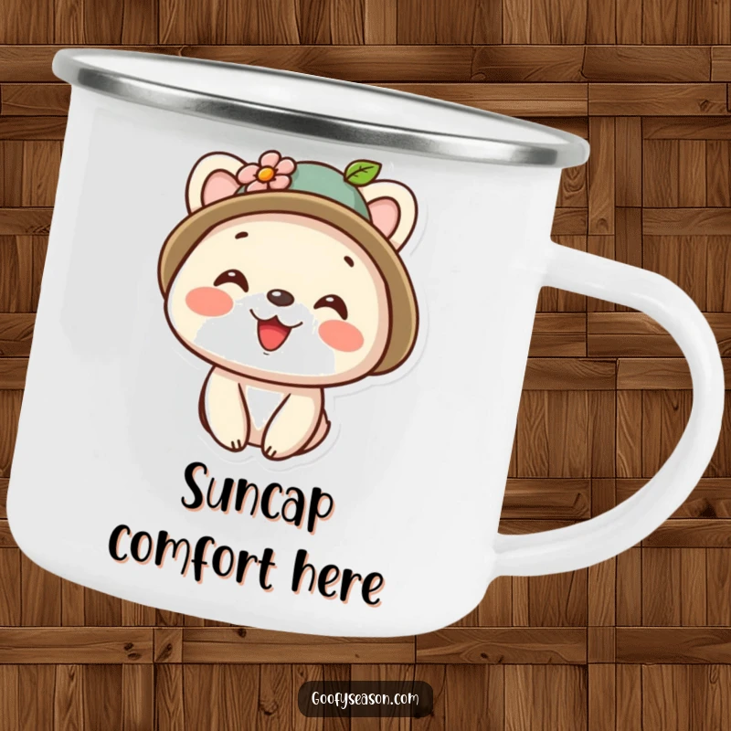 Funny kawaii animal character wearing a cute hat with a flower, smiling brightly, printed on a sturdy camping mug.