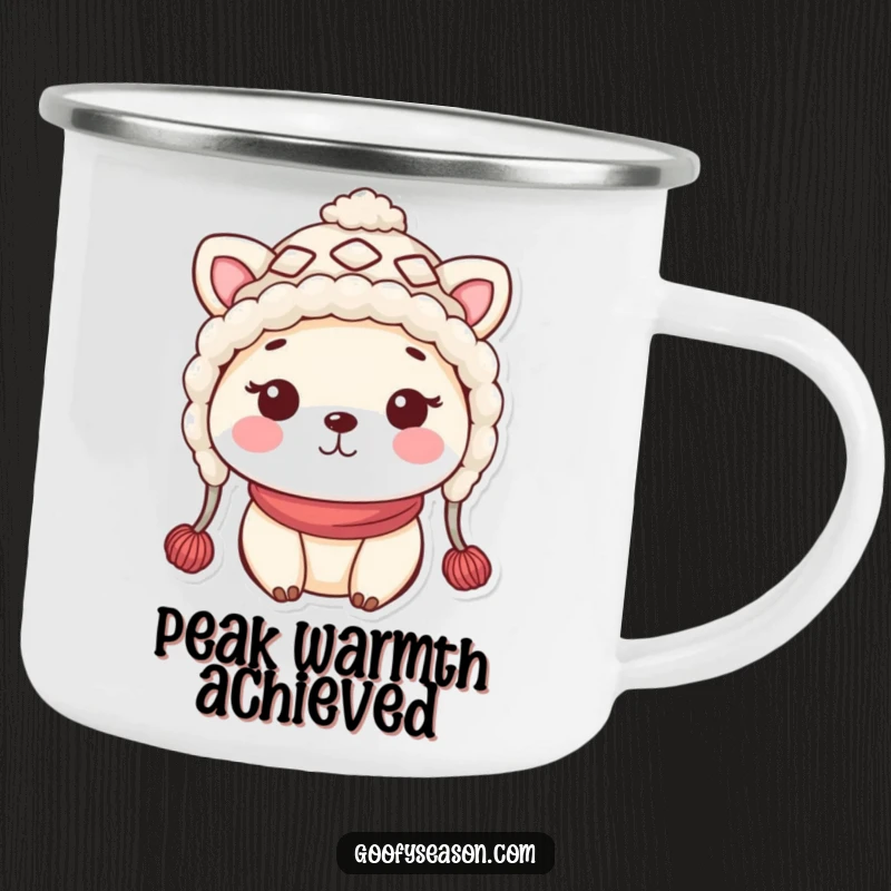 Funny kawaii animal character in a silly woolly hat with rosy cheeks, ready for outdoor fun on this camping mug.
