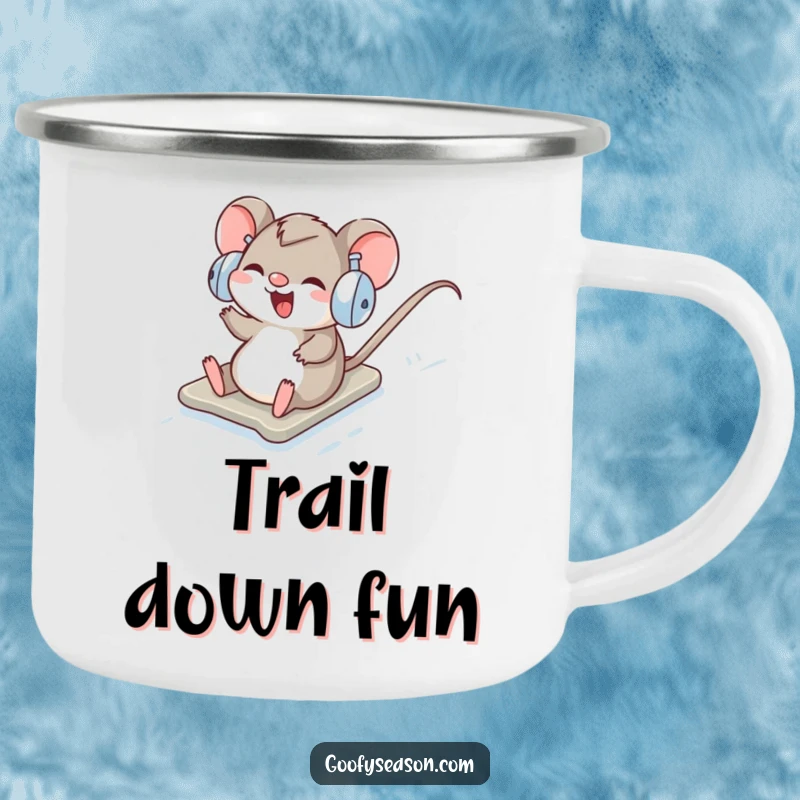 Funny Camping Mug: A giggling mouse in earmuffs happily slides down a snowy hill.
