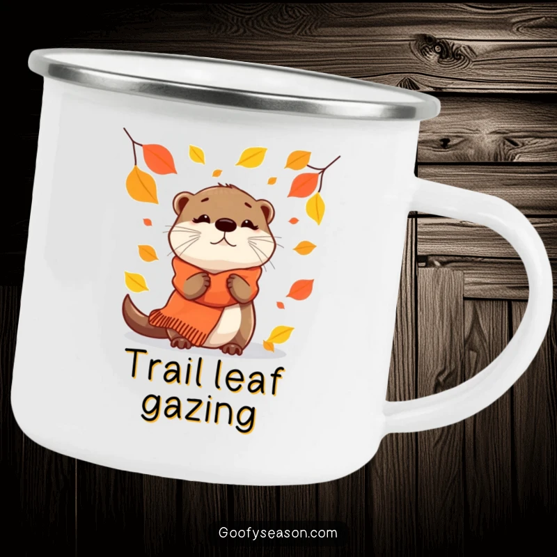Funny Camping Mug: A curious otter in a scarf watches falling autumn leaves.