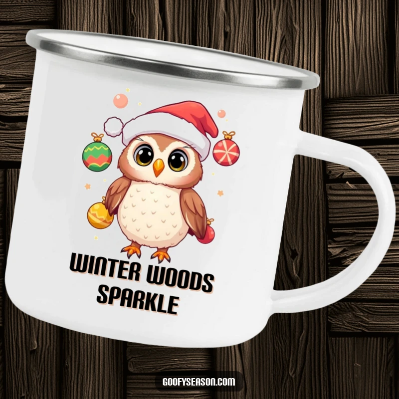 Funny camping mug featuring a cheerful owl wearing a Santa hat and juggling festive ornaments, ideal for enjoying festive outdoor beverages.