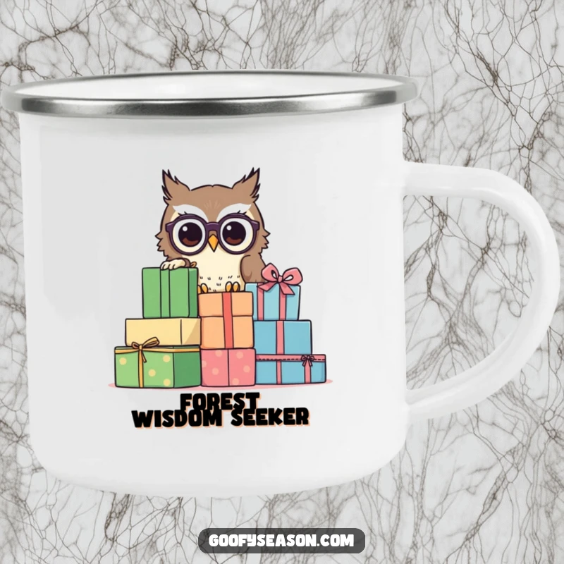 Funny owl with spectacles peeking from gifts, on a camping mug, a unique funny gift.