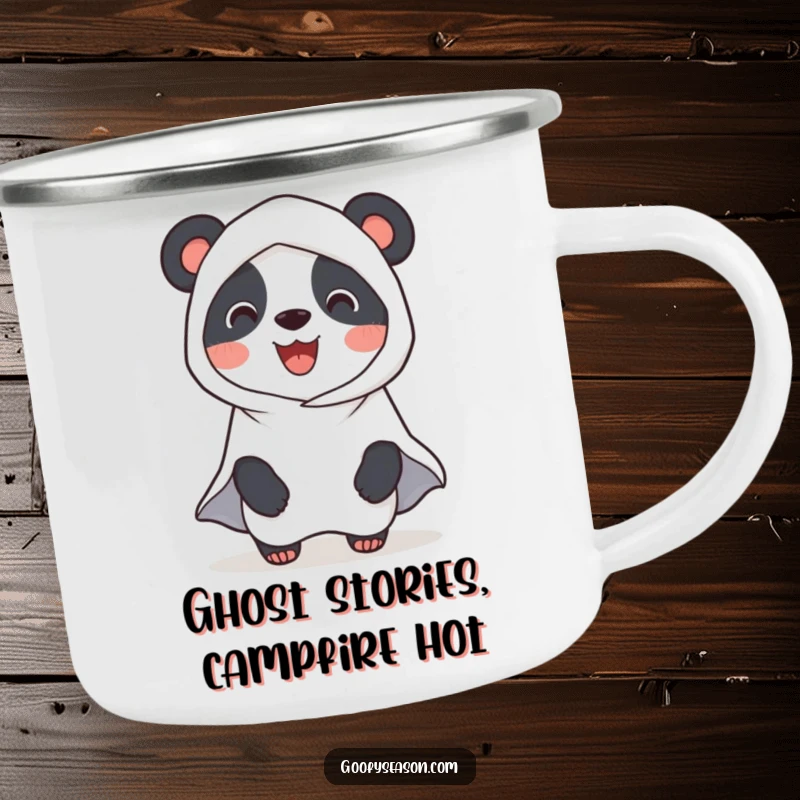 Funny Panda Ghost Camping Mug: A smiling panda dressed as a ghost for Halloween, perfect for outdoor enthusiasts enjoying spooky nights.