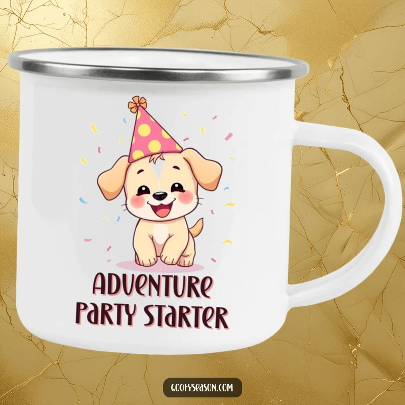 Funny enamel camping mug with a giggling puppy in a party hat, chasing falling confetti in a rustic setting.