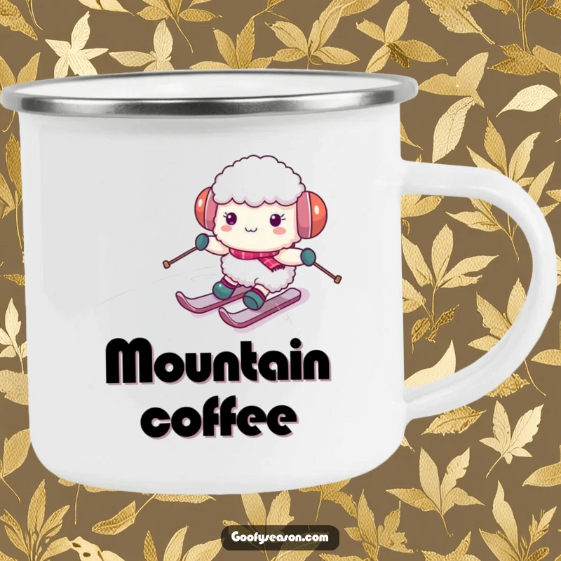 Funny sheep character wearing earmuffs, skiing down a snowy hill on a durable camping mug, perfect for enjoying hot beverages.