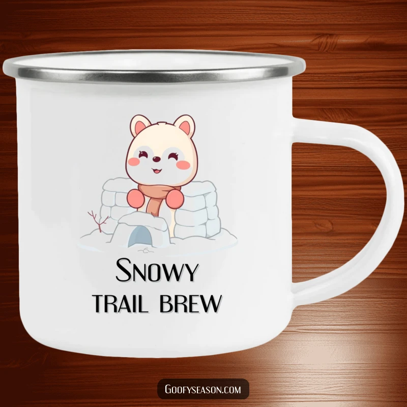 Funny camping mug illustrating an energetic smiling animal character wearing tiny mittens and building a snow fort.
