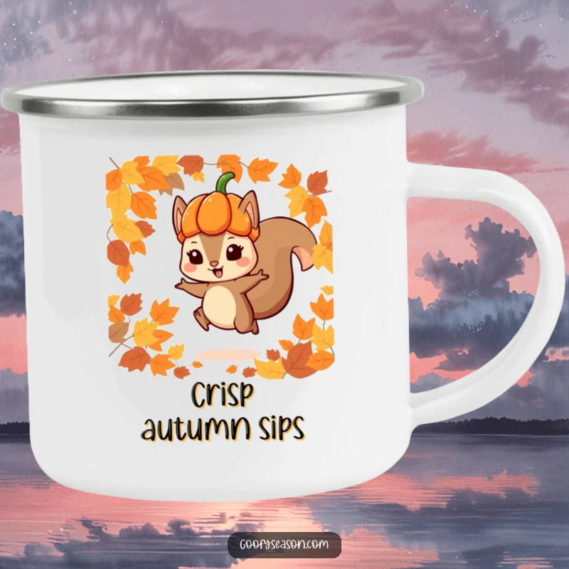 Funny camping mug with a playful squirrel in a pumpkin hat jumping through autumn leaves, ideal for outdoor drinks with seasonal charm.
