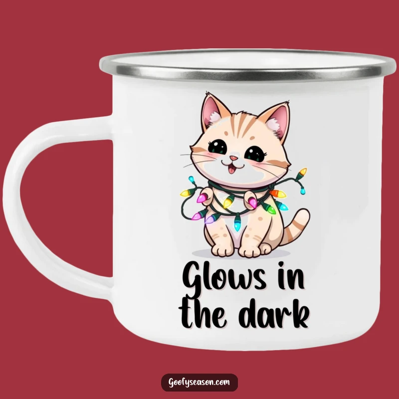 Funny Holiday Cat Camping Mug - Blinking Lights Enamel Cup for Outdoor Fun Funny Gift
